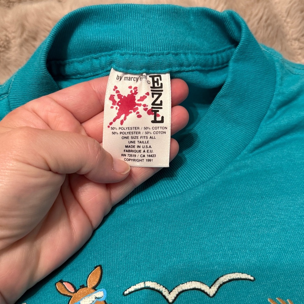 Vintage Teal 90s Australia Wildlife Animals at the Beach Retro Puff Print Tee - Picture 2 of 11